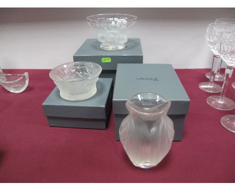 Three Items of Modern Lalique Glass, comprising Jungle candlestick, 11.3cms diameter; Nogent Coupe bowl, 14.2cms diameter; an