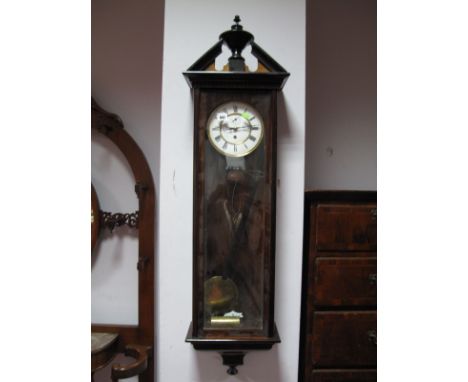 A XIX Century Rosewood Vienna Wall Clock, with broken pediment and turned finial, glazed door and side panels, enamel dial, w