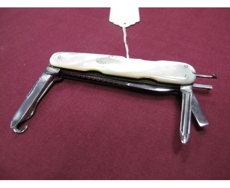 A W. H. Wragg Multi Blade Folding Knife, with mother of pearl scales, including button hook, corkscrew, file etc, with slide 
