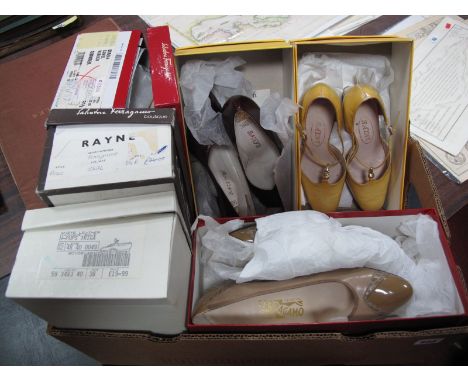 A Pair of C.1960's Vintage Ladies Rayne Shoes, in yellow patent with ankle strap, size 6.5; a pair of Rayne wine court shoes,