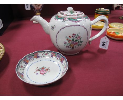 A Late XVIII/Early XIX Century Porcelain Teapot and Cover, painted with polychrome floral sprays and diaper panel borders, th