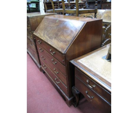 A Late XVIII Century Mahogany Bureau, with crossbanded fall front, fitted interior, four long drawers on bracket feet, 111cms
