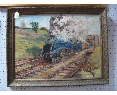 •GEORGE CUNNINGHAM (1924-1996, Sheffield Artist) Portrait of LNER Pacific Class A4 Locomotive "Mallard", oil on board, signed