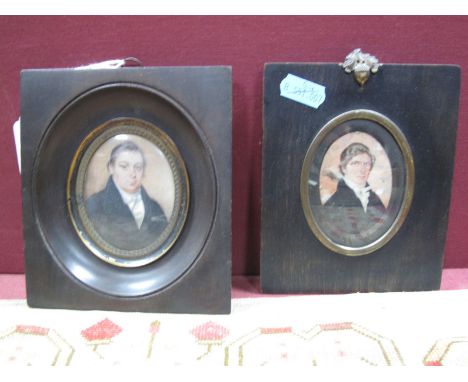 An Early XIX Century Miniature Portrait on Ivory, depicting a gentleman, bust length, oval, in pearwood rectangular frame, 6.