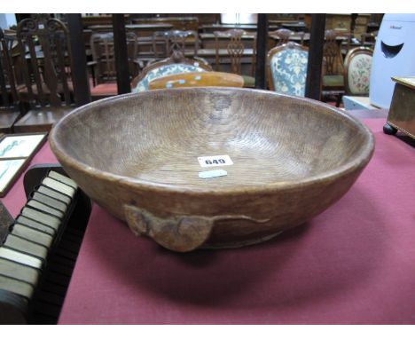 Robert "Mouseman" Thompson of Kilburn Circular Fruit Bowl, with adzed decoration, bearing mouse carving to exterior, 24cms di