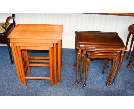 Nest Of Tables Two sets in total, the first comprising three tables with glass top and carved leg detail. The second, a set o