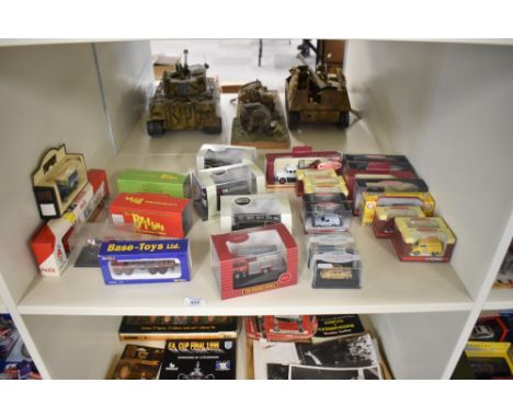 A shelf of modern die-casts including Trackside x 13, Britbus x2, Base Toys x1, Oxford x6 etc, all boxed, (26)