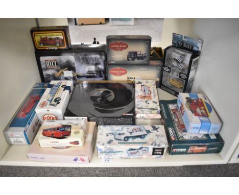 A shelf of modern Corgi Die-casts including The Battle for Pork Chop Hill, CC99106 The Definitive Bond Collection, 80002 Vint
