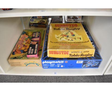 A Playmobil 3080 Space Station Set in original box along with a Subbuteo Table Rugby Set, View Master Game Klomp-It and a Mag