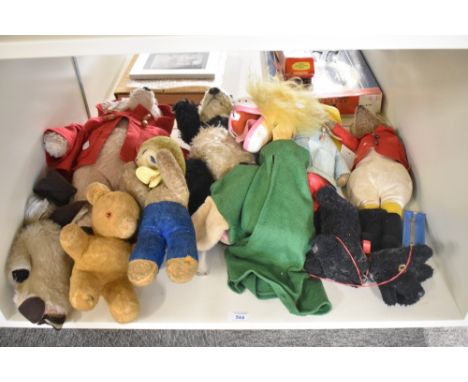 A shelf of mid 20th century and later Teddy Bears and Soft Toys including MerryThought, Gabrielle Designs, Semco etc