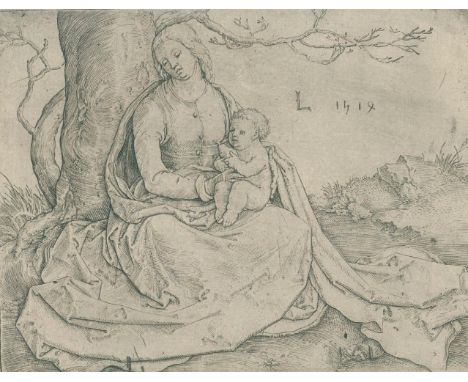 Leyden, Lucas van: (1494 Leiden 1533). Die Jungfrau mit dem Kind unter einem Baum sitzend. Kupferstich auf Bütten 1514. Blgr.