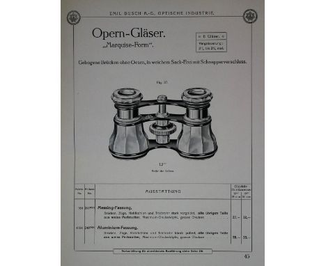 Busch,E.: Katalog II über Operngläser, Feldstecher und Marine-Perspektive. Rathenow 1911. 4°. Mit 2 Farbtaf. u. zahlr. Textab