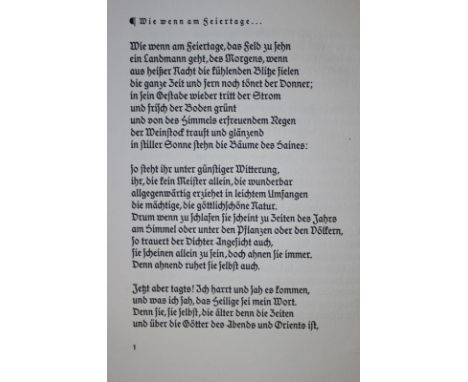 Hölderlin,F.: Hymnen. Ausgewählt u. hrsg. von R. v. Delius. Mchn., Rupprecht-Presse 1919. 4°. 2 Bl., 56 S., 1 Bl. Opbd. mit R