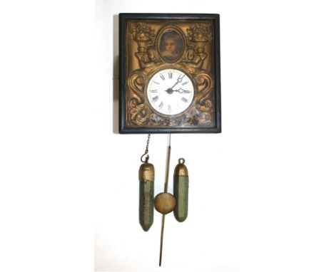 Wanduhr, Bilderuhr.: 19.Jh. Holzgehäuse, Messingräderwerk. Innen, hinter Glas kleines Portrait von geprägter Messingzier gera