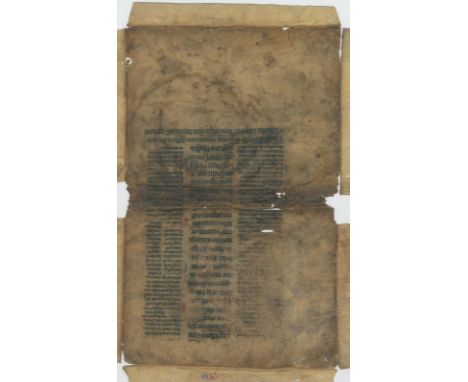 Blatt: aus einer Folio-Bibel. Lat. Handschrift auf Pergament, beids. beschr., 14. Jh. 39 x 28 cm.  Gotische Schrift in 3 Spal