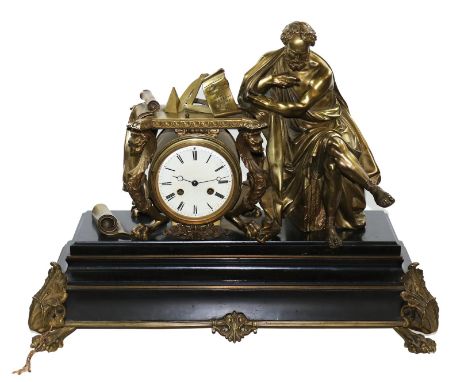 Figurenpendule.: um 1860. Archimedes mit seinem berühmten Satz: Donnez-moi un point d'appui et je soulèverai le monde. Bronze