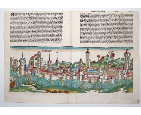 Augsburg.: "Augusta". Gesamtansicht. Kolor. Holzschnitt (aus der Schedel'schen Weltchronik, latein. Ausgabe, 1493). 19,5:52,5