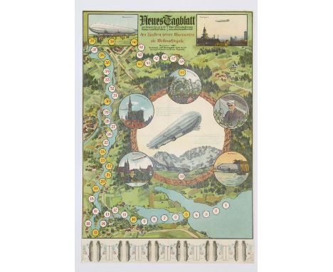 Zeppelin LZ4.: Spielplan zum Würfelspiel zur Fahrt des Lufftschiffes LZ 4. Chromolithographie als Weihnachtsgabe des Neuen Ta