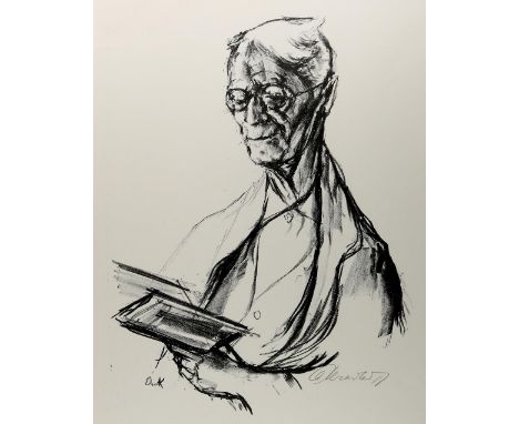 Kreibich, Oskar: (1916 Seifersdorf/Nordböhmen - Backnang 1984). Portrait Hermann Hesse von links, in einem Buch lesend. Litho