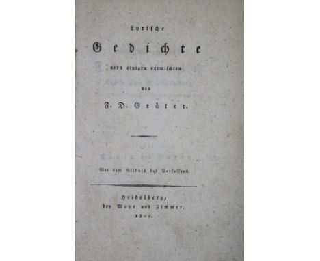 Gräter,F.D.: Lyrische Gedichte nebst einigen vermischten. Hdbg., Mohr u. Zimmer 1809. Mit gest. Portrait-Front. v. Lips nach 