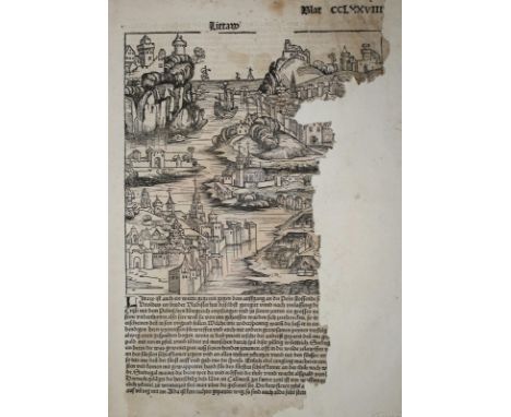 Buchbinderei.: Konvolut verschiedener Papiere, darunter 15 restaur. Bl. (Fragmente) aus Schedel, Liber chronicarum (dt. Ausg.