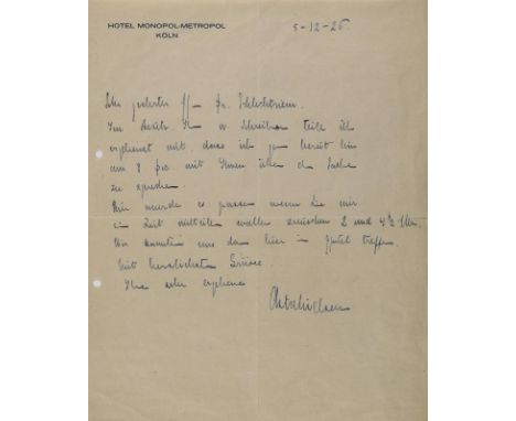 Nielsen, Asta,: Filmschauspielerin (1881-1972). Eh. Brief mit Unterschrift, dat. (Köln), 5.12.(19)26. 4°. 1 Bl., 1 S. beschri