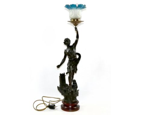 Allegorie auf den Telegrafen.: "Le Telegraphe". Stehender Jüngling mit erhobenem linken Arm. Spelter Bronze auf Holzsockel mi