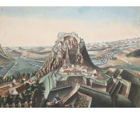 Hohentwiel.: Kolorierte Aquatinta und Radierung. [Vermutlich Süddeutschland, um 1810]. 32,5 x 44,5 cm.  Eine seltene, ungewöh