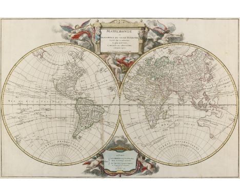 Weltkarten.: Mappemonde ou description du Globe Terrestre... Kolor. Kupferstichkarte in 2 Hemisphären, mit 2 kolor. Kartusche