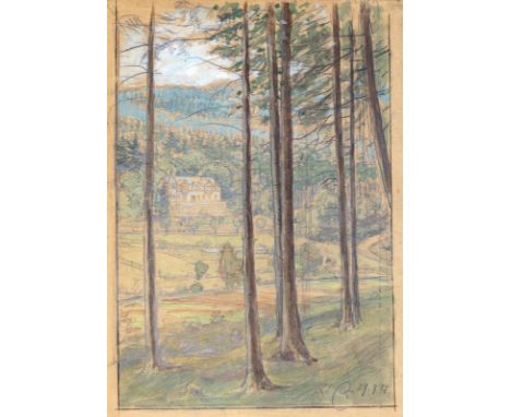 Quirin, Eberhard: (1865 Oberursel - Bad Homburg v.d.H. 1951). Erbach, Rathaus u. Ev. Kirche. Bleistift u. weiße Kreide. 15,7 