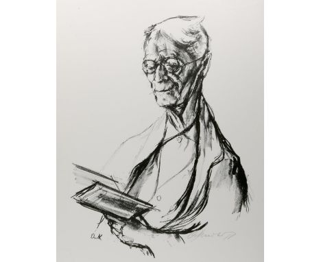 Kreibich, Oskar: (1916 Seifersdorf/Nordböhmen - Backnang 1984). Portrait Hermann Hesse von links, in einem Buch lesend. Litho