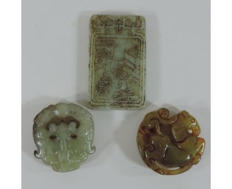 A Chinese jade coloured pendant, together with two other pendants and three various carved bone netsuke