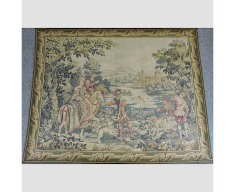A tapestry panel, depicting a continental scene with figures before a chateau, 204 x 170cm