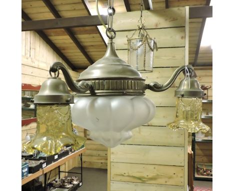 An Art Nouveau style brass and glass ceiling light, 50cm diameter, together with a brass and glass lantern