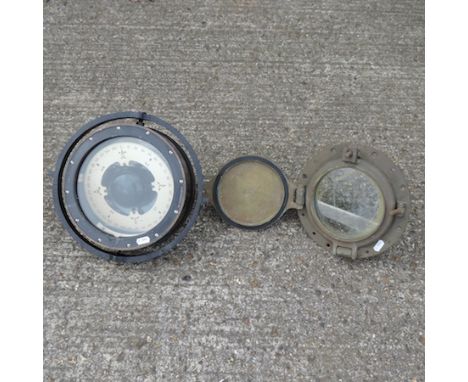 A ship's compass, 25cm, together with a brass porthole