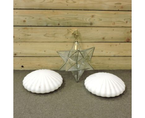 A glass star shaped ceiling light, together with two white glass shades, 40cm