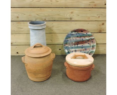 A bread crock, together with a planter, a vase and a platter