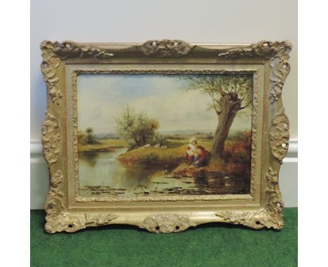 English School, 19th century, a river landscape with children playing with water lilies, oil on board, inscribed verso, 23 x 