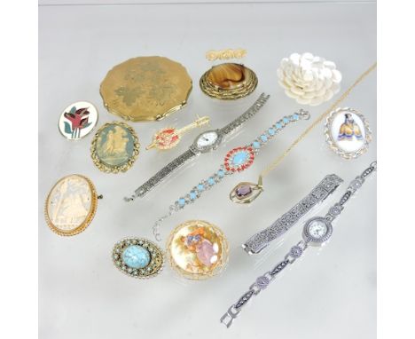 A collection of brooches, together with jewellery and a compact