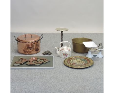 A collection of metalwares, together with a set of vintage scales, a cast iron wall plaque, a decorative picture and a teapot