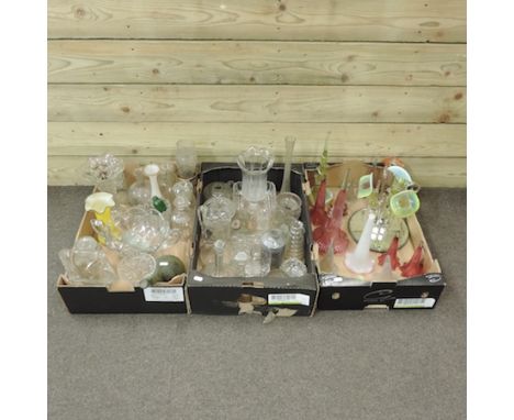 Three boxes of mainly 19th century glassware, to include an epergne and decanters