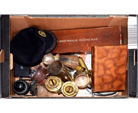 A QUANTITY OF METALWARE,   ROLLING RULE, BRASS OIL LAMP, ROYAL NAVY CAP, ETC