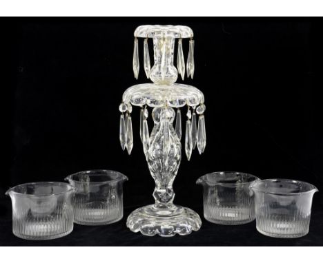 A VICTORIAN CUT GLASS TWO TIER LUSTRE CANDLESTICK, ON DOMED FOOT, 40CM H, LATE 19TH C AND A SET OF FOUR EARLY 19TH C CUT GLAS
