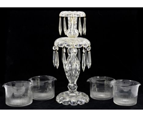 A VICTORIAN CUT GLASS TWO TIER LUSTRE CANDLESTICK, ON DOMED FOOT, 40CM H, LATE 19TH C AND A SET OF FOUR EARLY 19TH C CUT GLAS