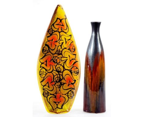 A POOLE AEGEAN LEAF SHAPED DISH, 44CM L, PRINTED MARKS, C1970 AND A CONTEMPORARY SLENDER BROWN IRIDESCENT GLAZED BOTTLE SHAPE