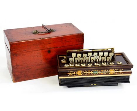 A FRENCH INLAID ROSE WOOD ACCORDION IN UNUSUALLY GOOD CONDITION, WITH BRASS AND MOTHER OF PEARL KEYS, DECORATIVE PAPER COVERE
