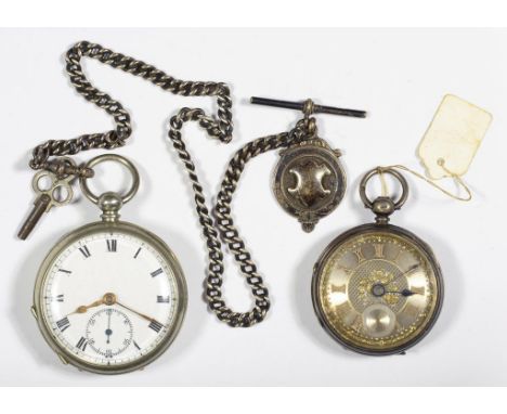 A SILVER WATCH BY BURDESS COVENTRY, ENGINE TURNED, LONDON 1878, A SILVER ALBERT AND FOB SHIELD AND A PLATED LEVER WATCH