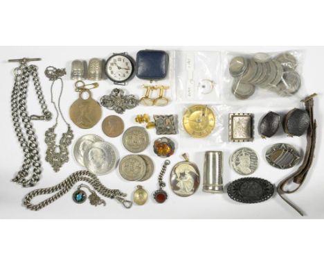 MISCELLANEOUS VINTAGE COSTUME JEWELLERY, A SILVER THIMBLE, COINS, 19C WATCH MOVEMENT, ETC