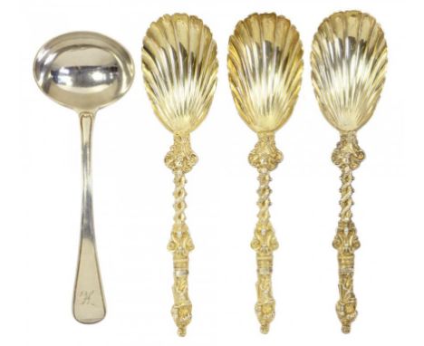 A SET OF THREE VICTORIAN SILVER GILT APOSTLE SPOONS  WITH SHELL SHAPED BOWL, 19.5CM L, BY CHARLES BOYTON, LONDON 1885 AND A S