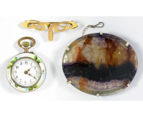 A SILVER AND ENAMEL KEYLESS CYLINDER FOB WATCH PAINTED WITH FLOWERS ON A SHADED LIGHT BLUE GROUND, A BLUE JOHN BROOCH AND AN 